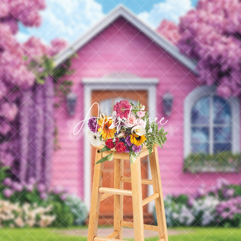 Aperturee - Aperturee Pink Wood Garden House Dense Floral Spring Backdrop