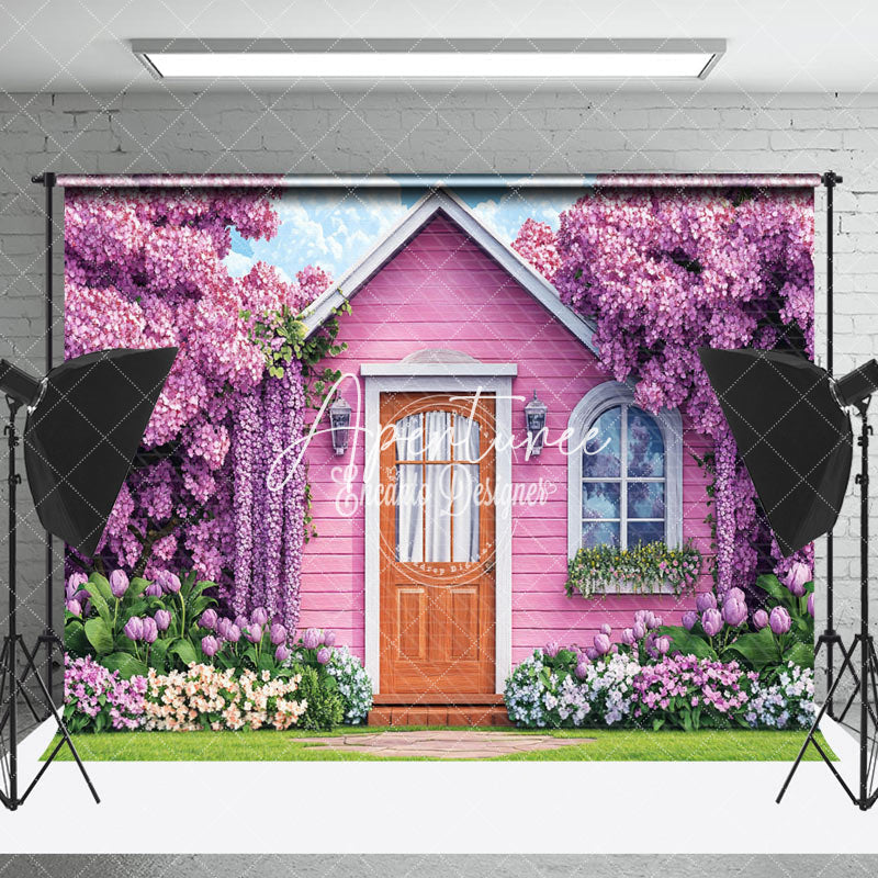 Aperturee - Aperturee Pink Wood Garden House Dense Floral Spring Backdrop