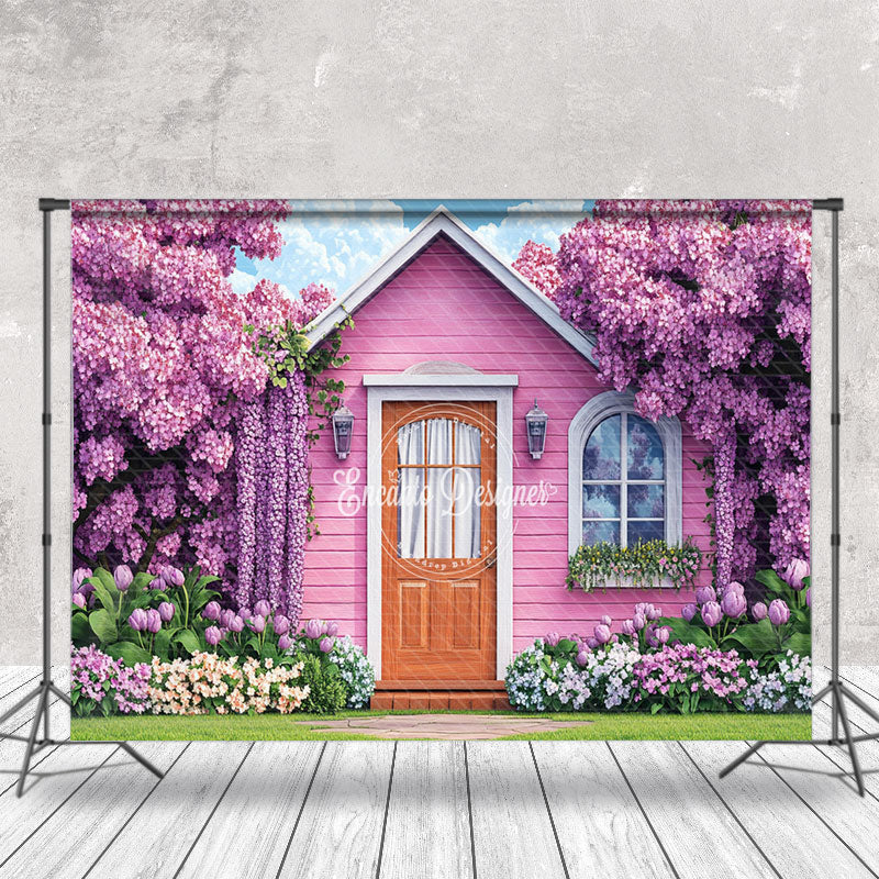 Aperturee - Aperturee Pink Wood Garden House Dense Floral Spring Backdrop