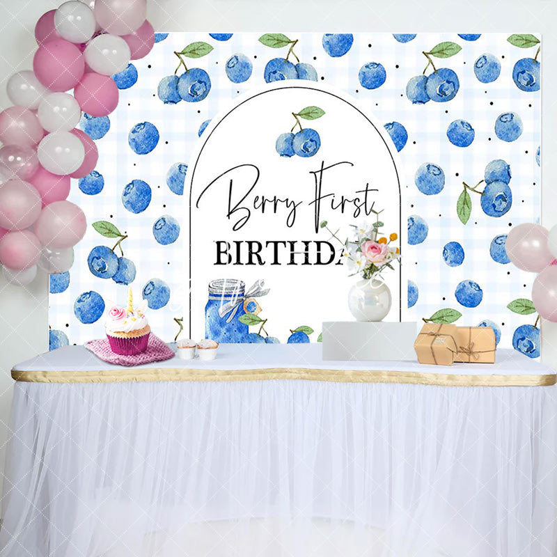 Aperturee - Aperturee Plaid Fresh Blueberry First Happy Birthday Backdrop