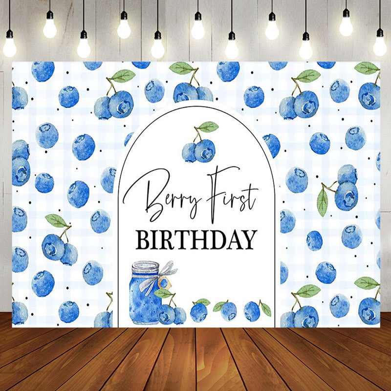 Aperturee - Aperturee Plaid Fresh Blueberry First Happy Birthday Backdrop