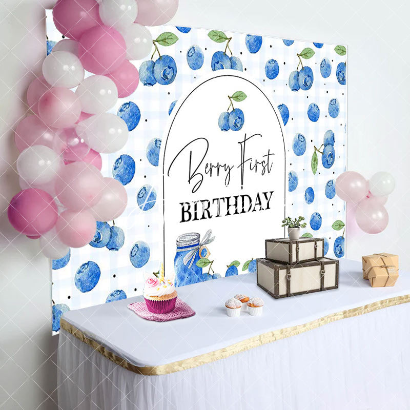 Aperturee - Aperturee Plaid Fresh Blueberry First Happy Birthday Backdrop