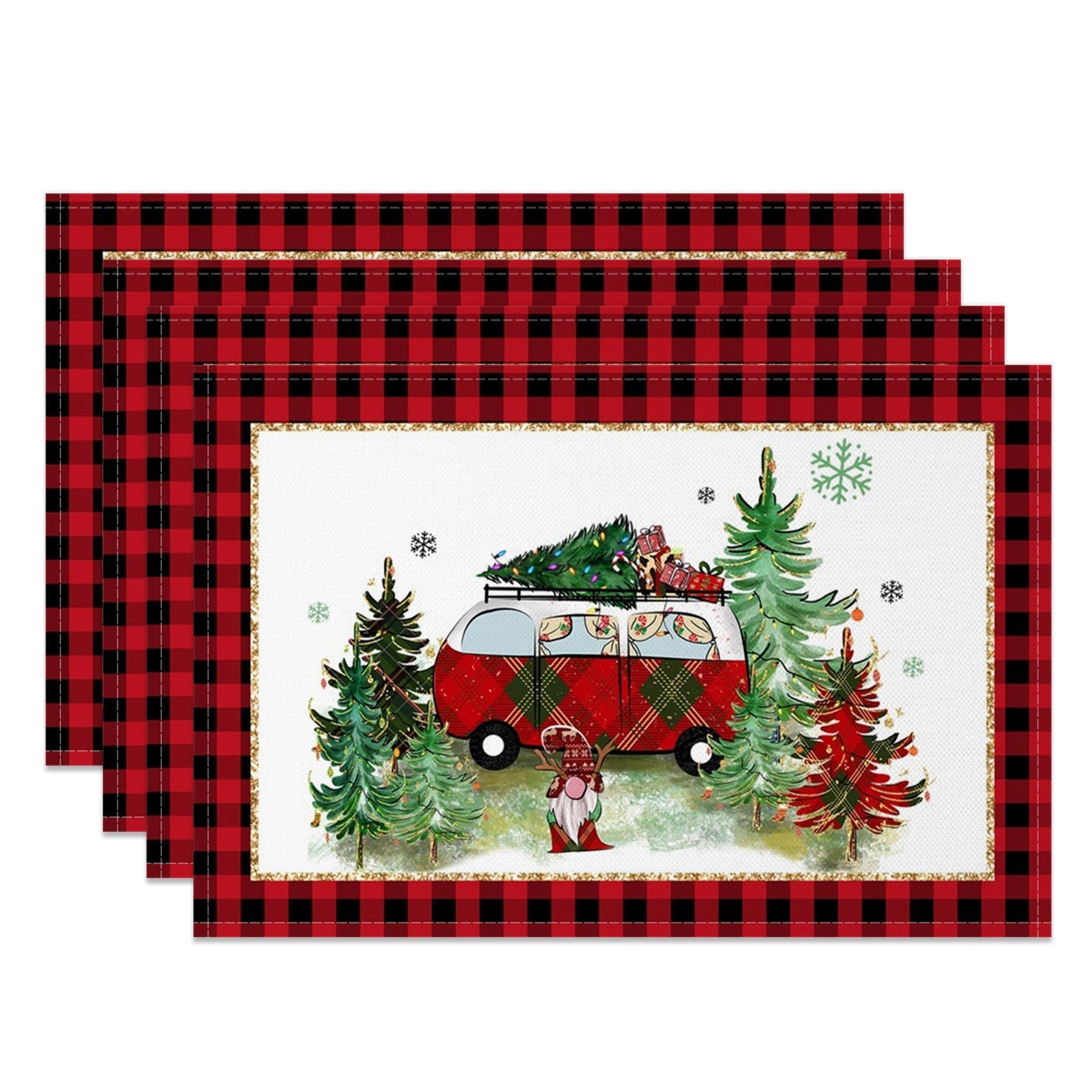 Aperturee - Aperturee Plaid Gnome Rv Christmas Tree Set Of 4 Placemats