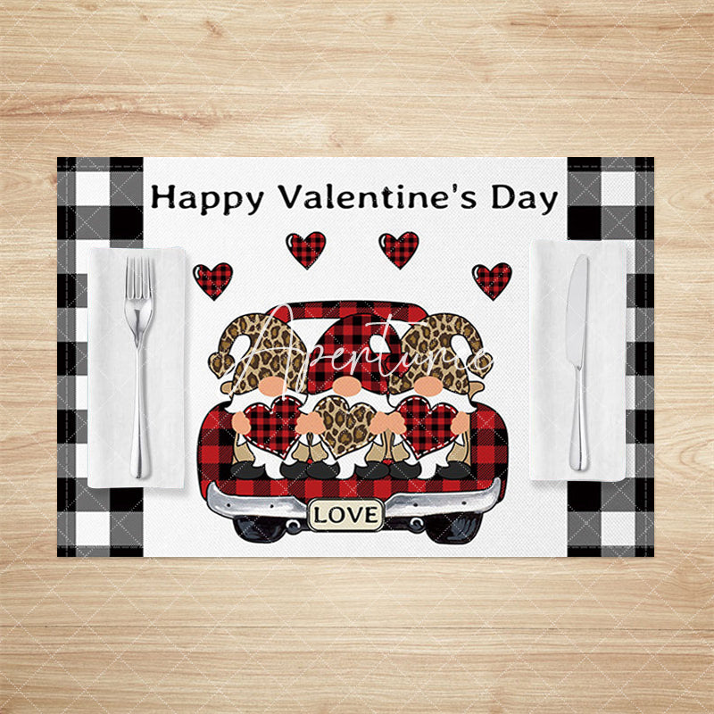 Aperturee - Aperturee Plaid Truck Gnome Valentines Day Set Of 4 Placemats