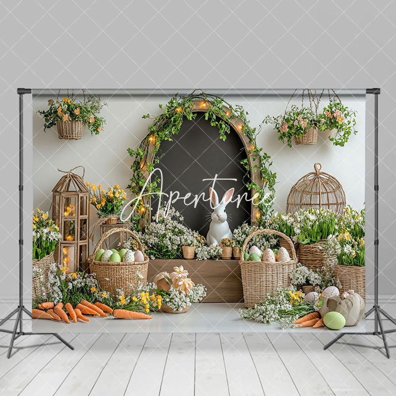 Aperturee - Aperturee Plant Floral Woven Basket Eggs Bunny Easter Backdrop