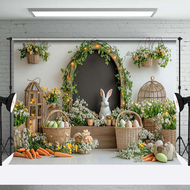 Aperturee - Aperturee Plant Floral Woven Basket Eggs Bunny Easter Backdrop