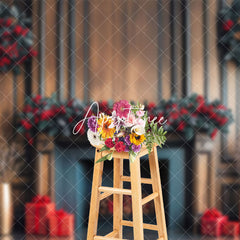 Aperturee - Aperturee Poinsettia Fireplace Winter Christmas Photo Backdrop