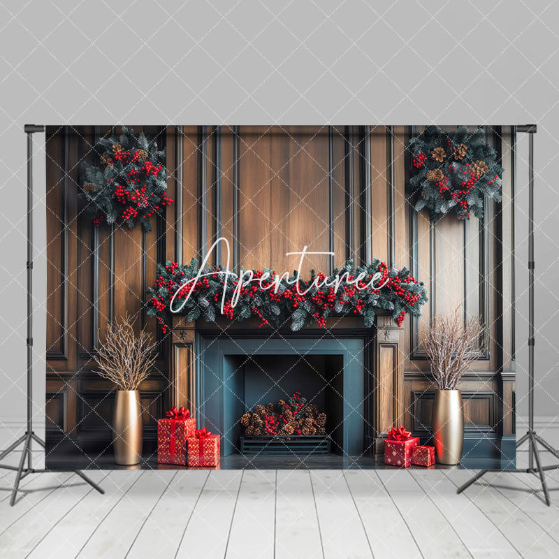 Aperturee - Aperturee Poinsettia Fireplace Winter Christmas Photo Backdrop