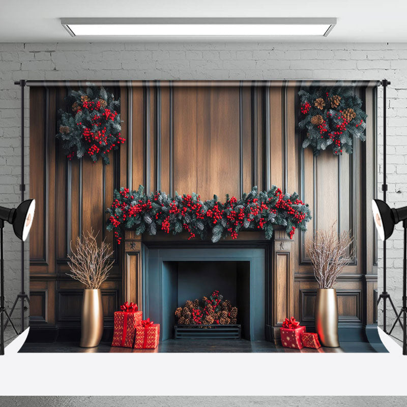 Aperturee - Aperturee Poinsettia Fireplace Winter Christmas Photo Backdrop