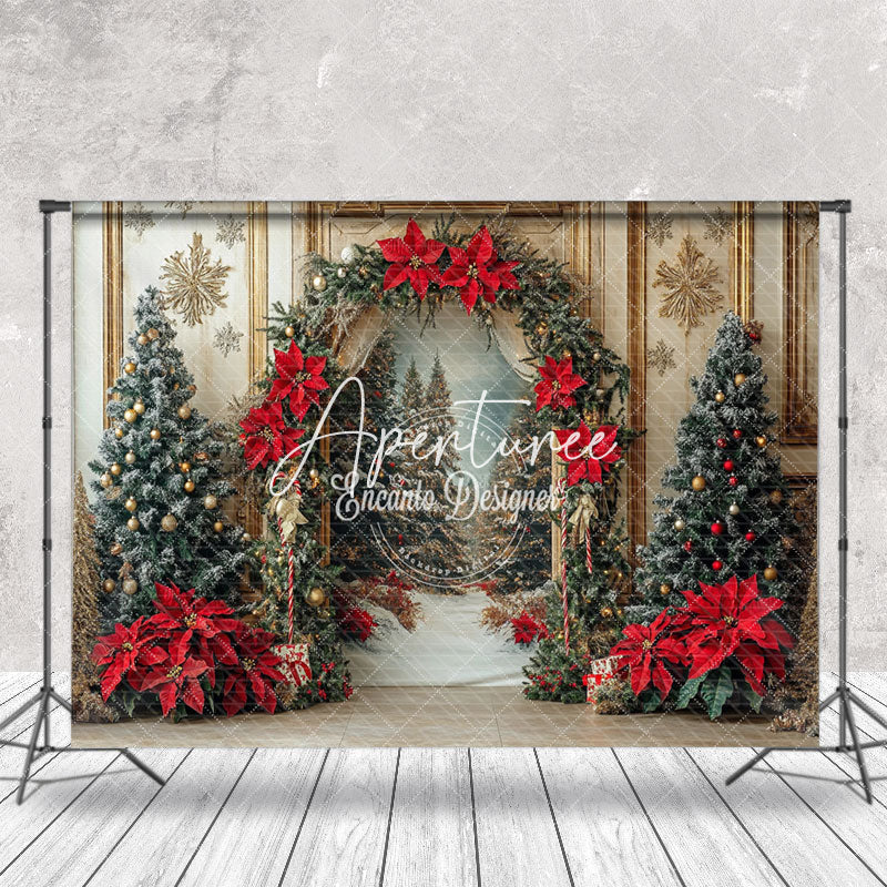 Aperturee - Aperturee Poinsettia Leaf Retro Luxury Wall Christmas Backdrop