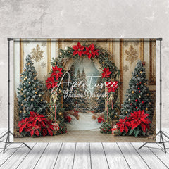 Aperturee - Aperturee Poinsettia Leaf Retro Luxury Wall Christmas Backdrop