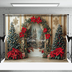 Aperturee - Aperturee Poinsettia Leaf Retro Luxury Wall Christmas Backdrop