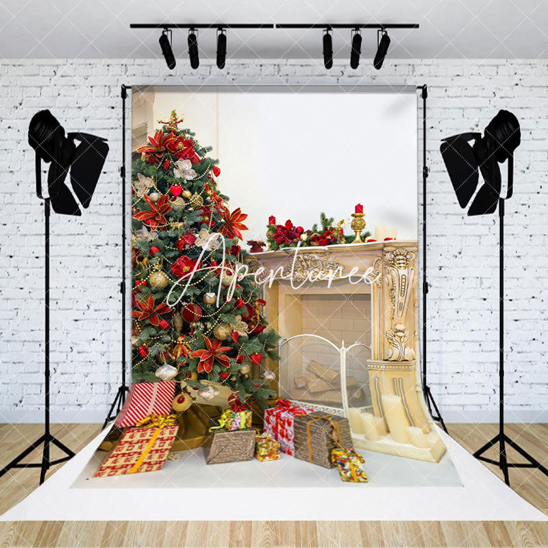 Aperturee - Aperturee Poinsettia Pine Tree Classic Fireplace Xmas Backdrop