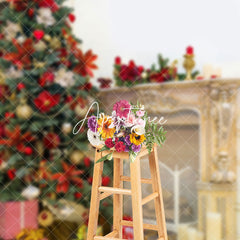 Aperturee - Aperturee Poinsettia Pine Tree Classic Fireplace Xmas Backdrop