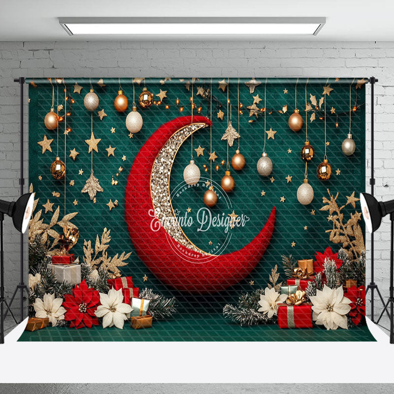 Aperturee - Aperturee Poinsettia Stars Moon Bells Gifts Christmas Backdrop