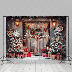 Aperturee - Aperturee Poinsettia Wreath Barn Door Christmas Photo Backdrop