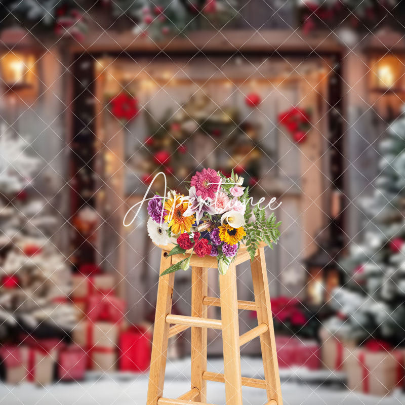 Aperturee - Aperturee Poinsettia Wreath Barn Door Christmas Photo Backdrop