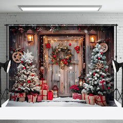 Aperturee - Aperturee Poinsettia Wreath Barn Door Christmas Photo Backdrop