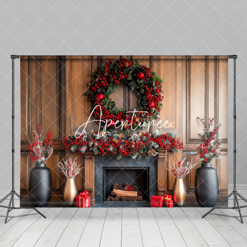 Aperturee - Aperturee Poinsettia Wreath Winter Christmas Indoor Photo Backdrop