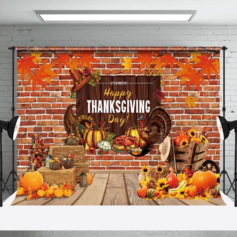 Aperturee - Aperturee Pumpkin Maples Turkey Brick Thanksgiving Day Bacdrop