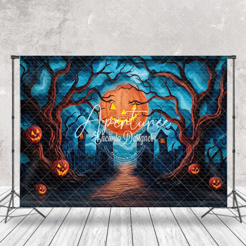 Aperturee - Aperturee Pumpkin Moon Cemetery Trees Halloween Photo Backdrop