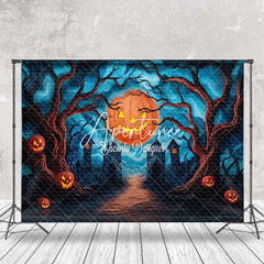 Aperturee - Aperturee Pumpkin Moon Cemetery Trees Halloween Photo Backdrop