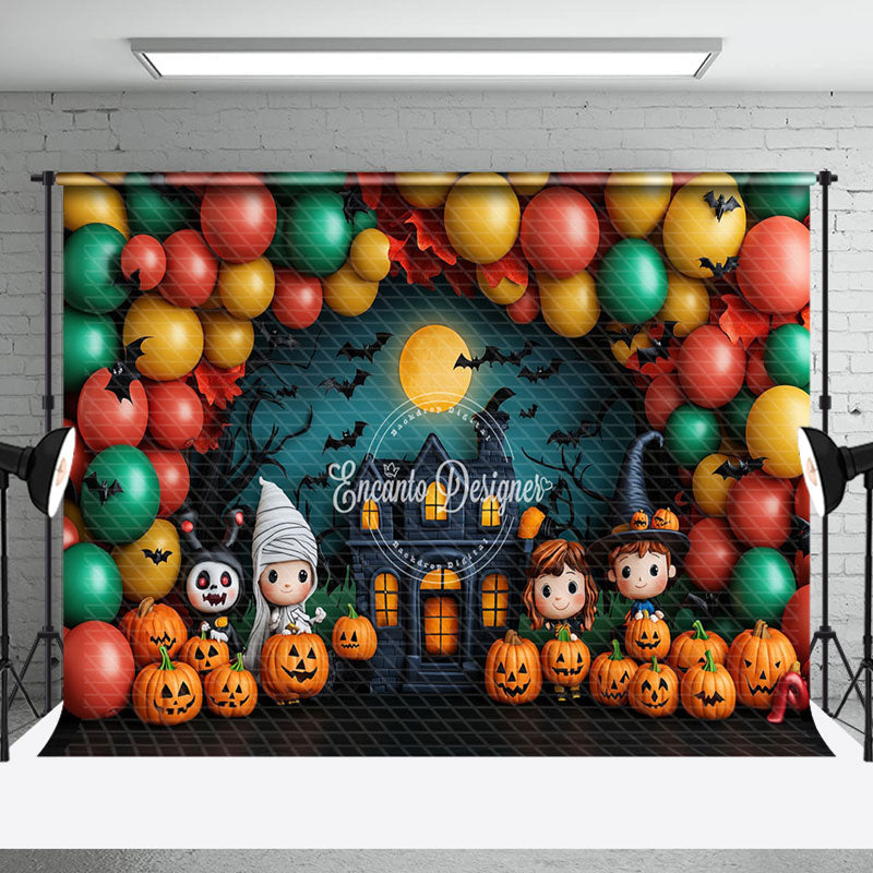 Aperturee - Aperturee Pumpkins Balloon Castle Moon Kids Halloween Backdrop