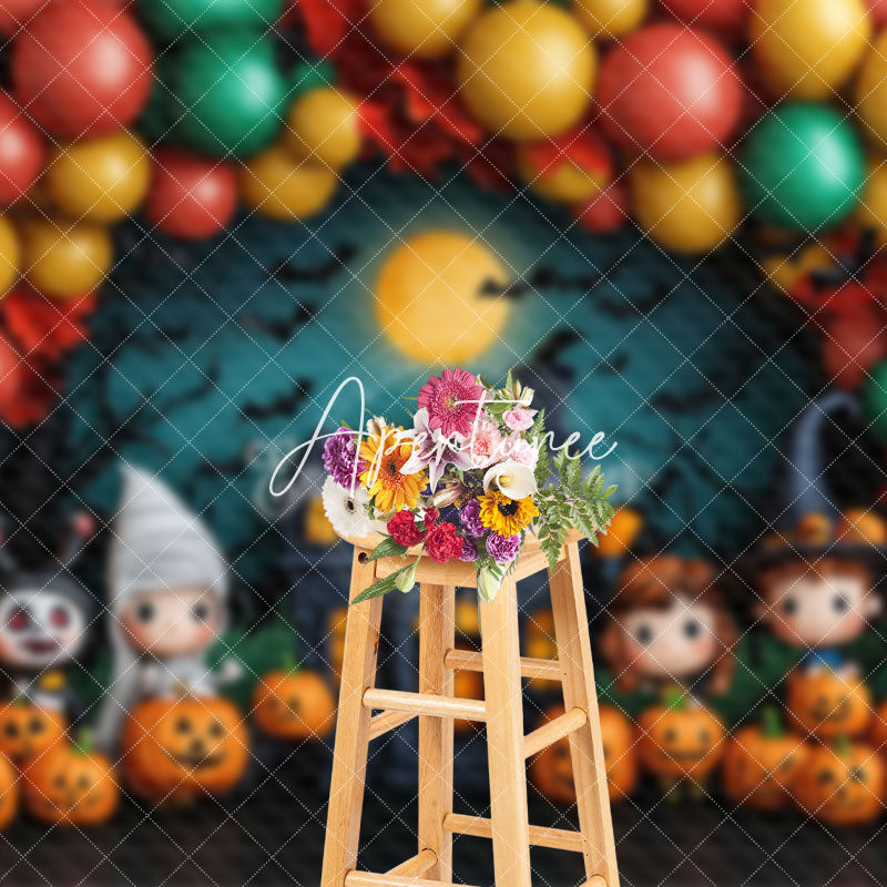 Aperturee - Aperturee Pumpkins Balloon Castle Moon Kids Halloween Backdrop