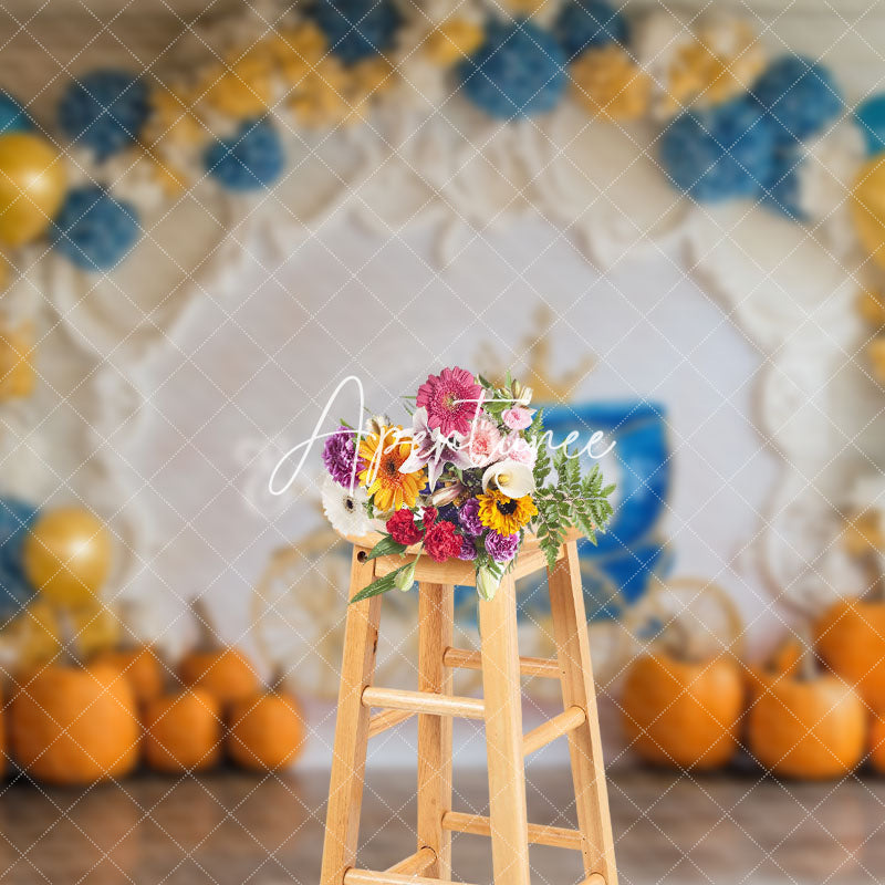 Aperturee - Aperturee Pumpkins Balloons Carriage Cake Smash Photo Backdrop