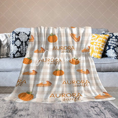 Aperturee - Aperturee Pumpkins Pie Light Brown Plaid Custom Name Blanket