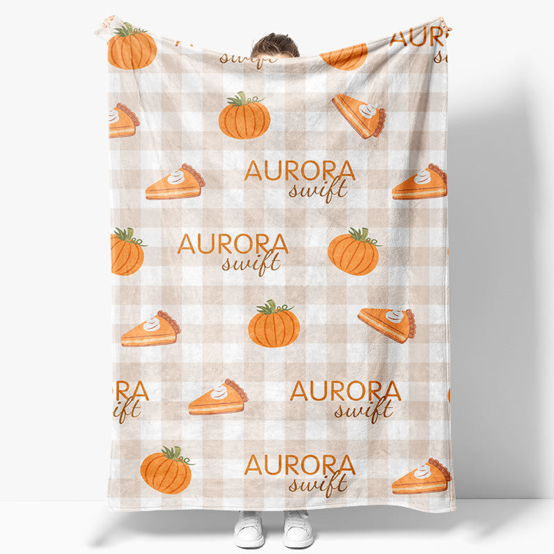 Aperturee - Aperturee Pumpkins Pie Light Brown Plaid Custom Name Blanket