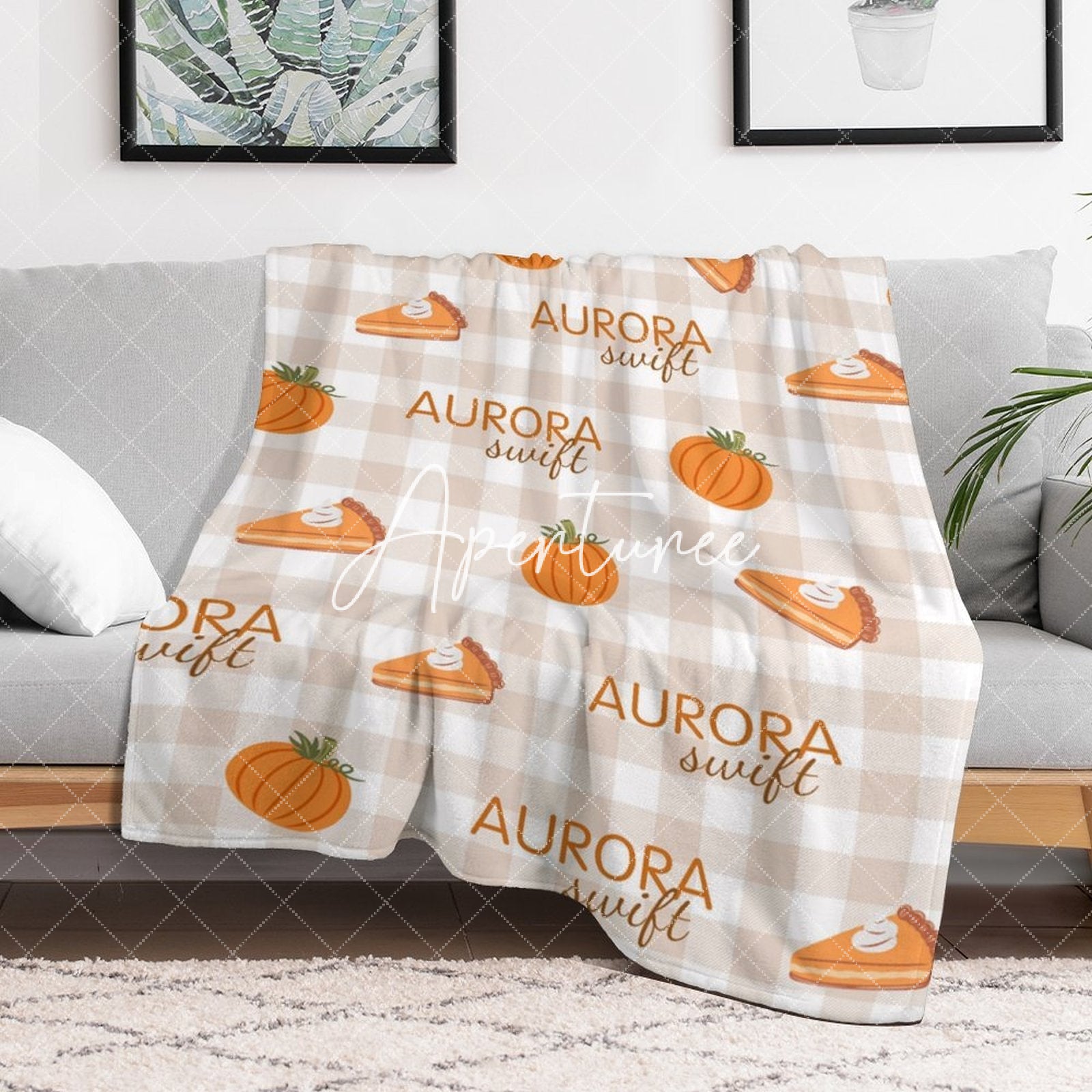 Aperturee - Aperturee Pumpkins Pie Light Brown Plaid Custom Name Blanket