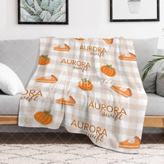 Aperturee - Aperturee Pumpkins Pie Light Brown Plaid Custom Name Blanket