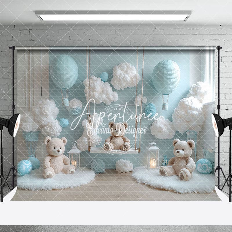 Aperturee - Aperturee Pure White Blue Wall Bears Ccake Smash Backdrop