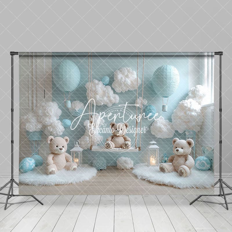 Aperturee - Aperturee Pure White Blue Wall Bears Ccake Smash Backdrop