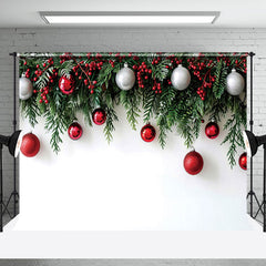 Aperturee - Aperturee Pure White Wall Pine Leaves Bells Christmas Backdrop