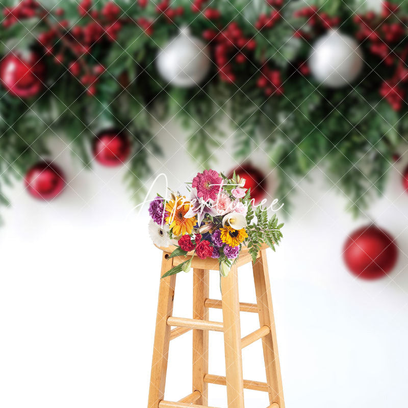 Aperturee - Aperturee Pure White Wall Pine Leaves Bells Christmas Backdrop