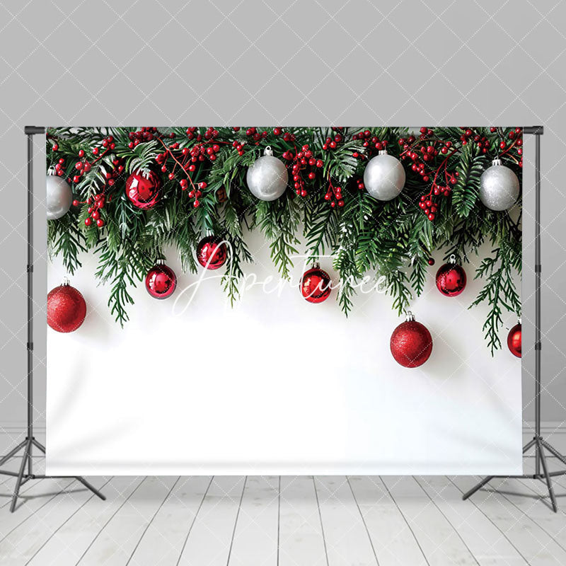 Aperturee - Aperturee Pure White Wall Pine Leaves Bells Christmas Backdrop