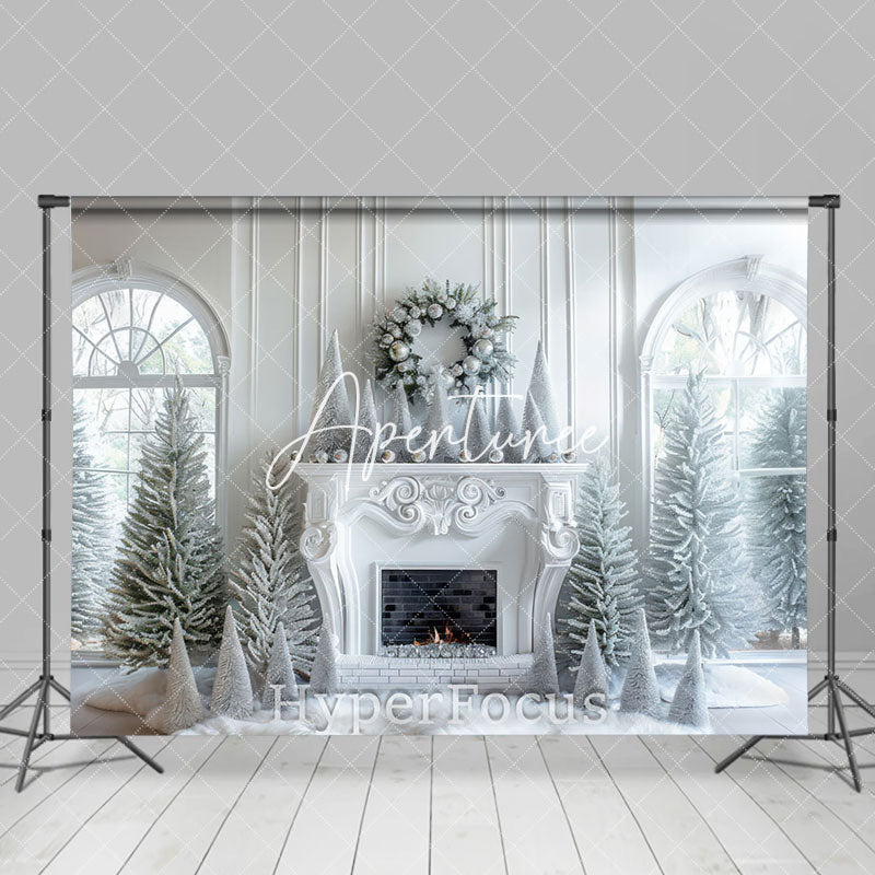 Aperturee - Aperturee Pure White Window Fireplace Snowy Christmas Backdrop