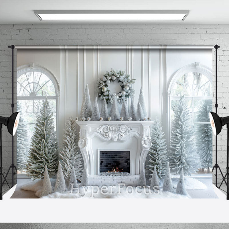 Aperturee - Aperturee Pure White Window Fireplace Snowy Christmas Backdrop