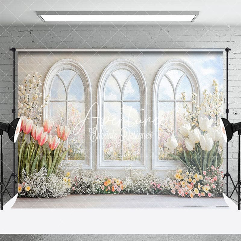 Aperturee - Aperturee Pure Whtie Arch Window Tulip Spring Photo Backdrop