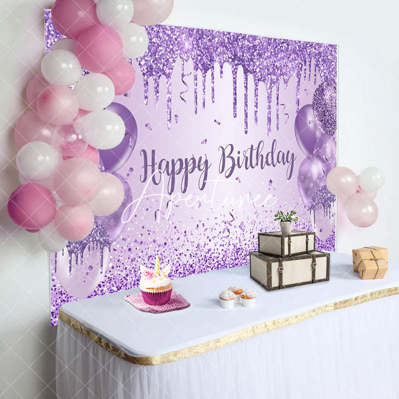 Aperturee - Aperturee Purple Balloon Glitter Happy Birthday Party Backdrop