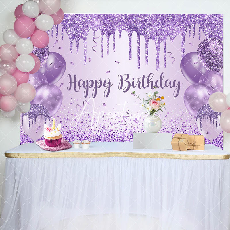 Aperturee - Aperturee Purple Balloon Glitter Happy Birthday Party Backdrop