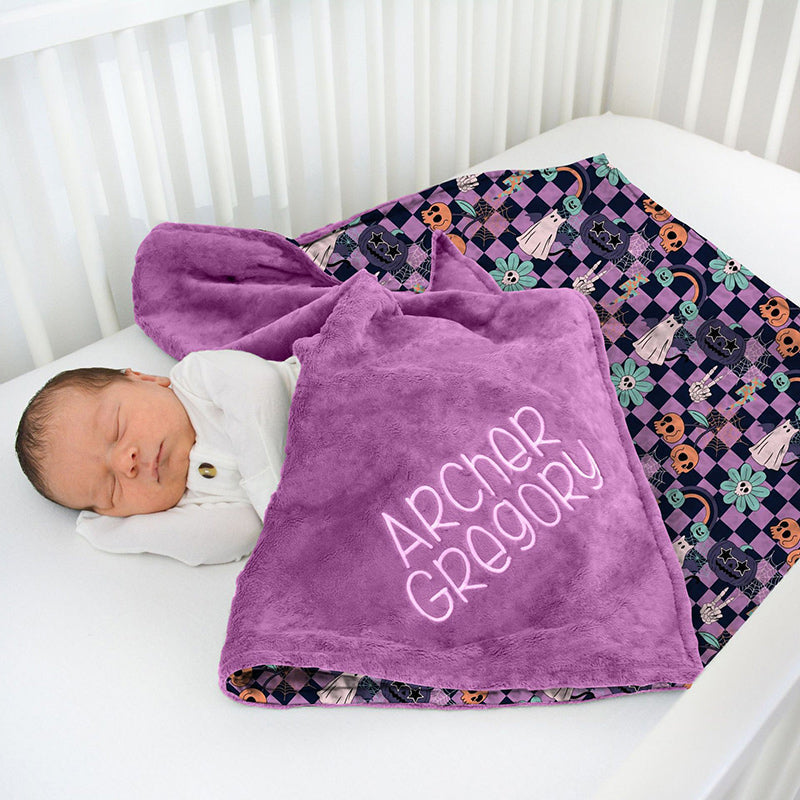 Aperturee - Aperturee Purple Checkered Little Boo Flower Minky Baby Blanket