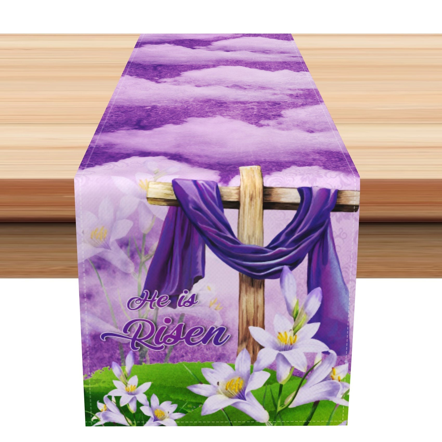 Aperturee - Aperturee Purple Clouds Corss He Is Risen Easter Table Runner