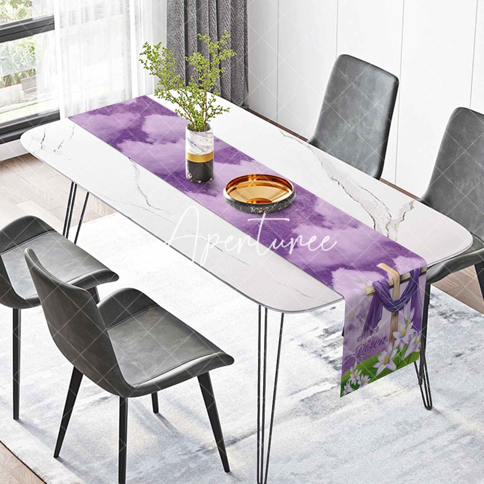 Aperturee - Aperturee Purple Clouds Corss He Is Risen Easter Table Runner