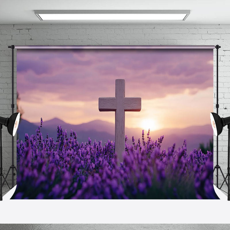 Aperturee - Aperturee Purple Floral Blurry Sunset Sky Cross Easter Backdrop