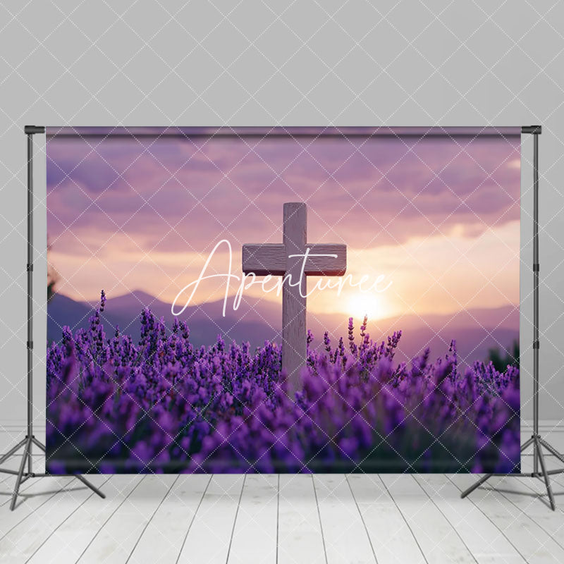 Aperturee - Aperturee Purple Floral Blurry Sunset Sky Cross Easter Backdrop