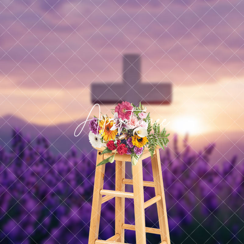 Aperturee - Aperturee Purple Floral Blurry Sunset Sky Cross Easter Backdrop