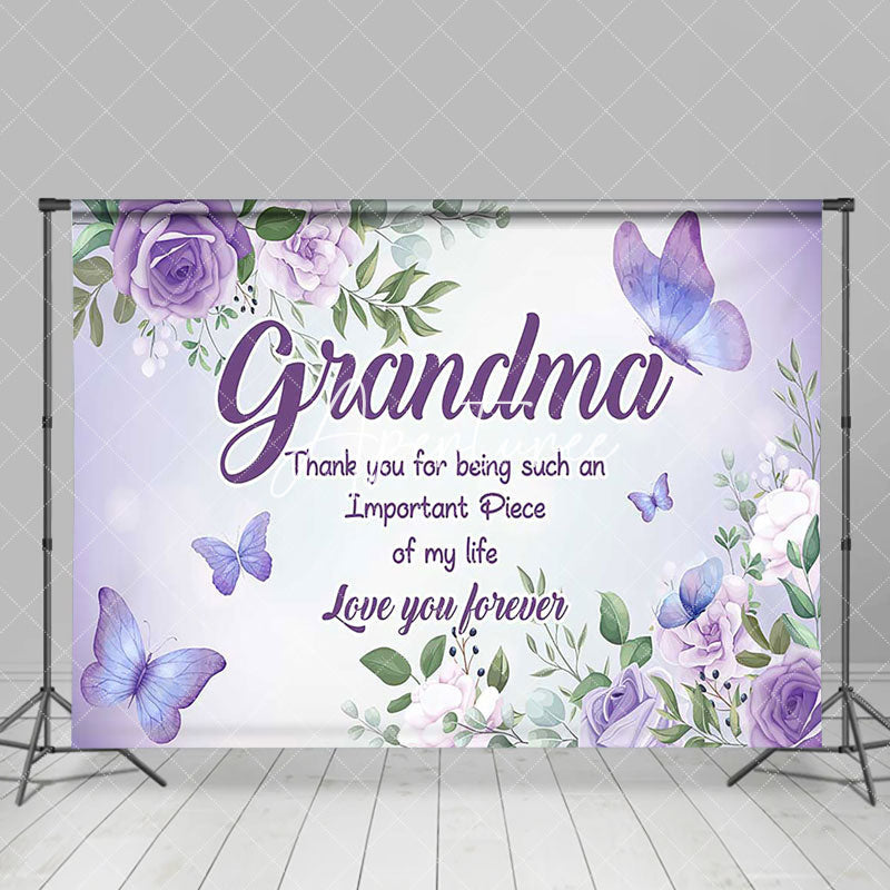 Aperturee - Aperturee Purple Floral Butterfly Thank You Grandma Backdrop